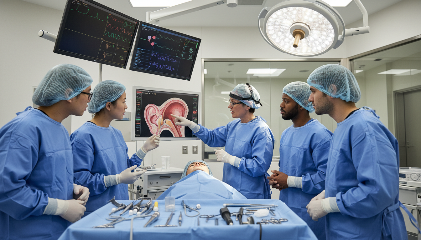 ENT surgeon teaching residents in an academic operating room ENT surgeon teaching residents in an academic operating room - US citizen IMG for Academic vs Private Practice for US Citizen