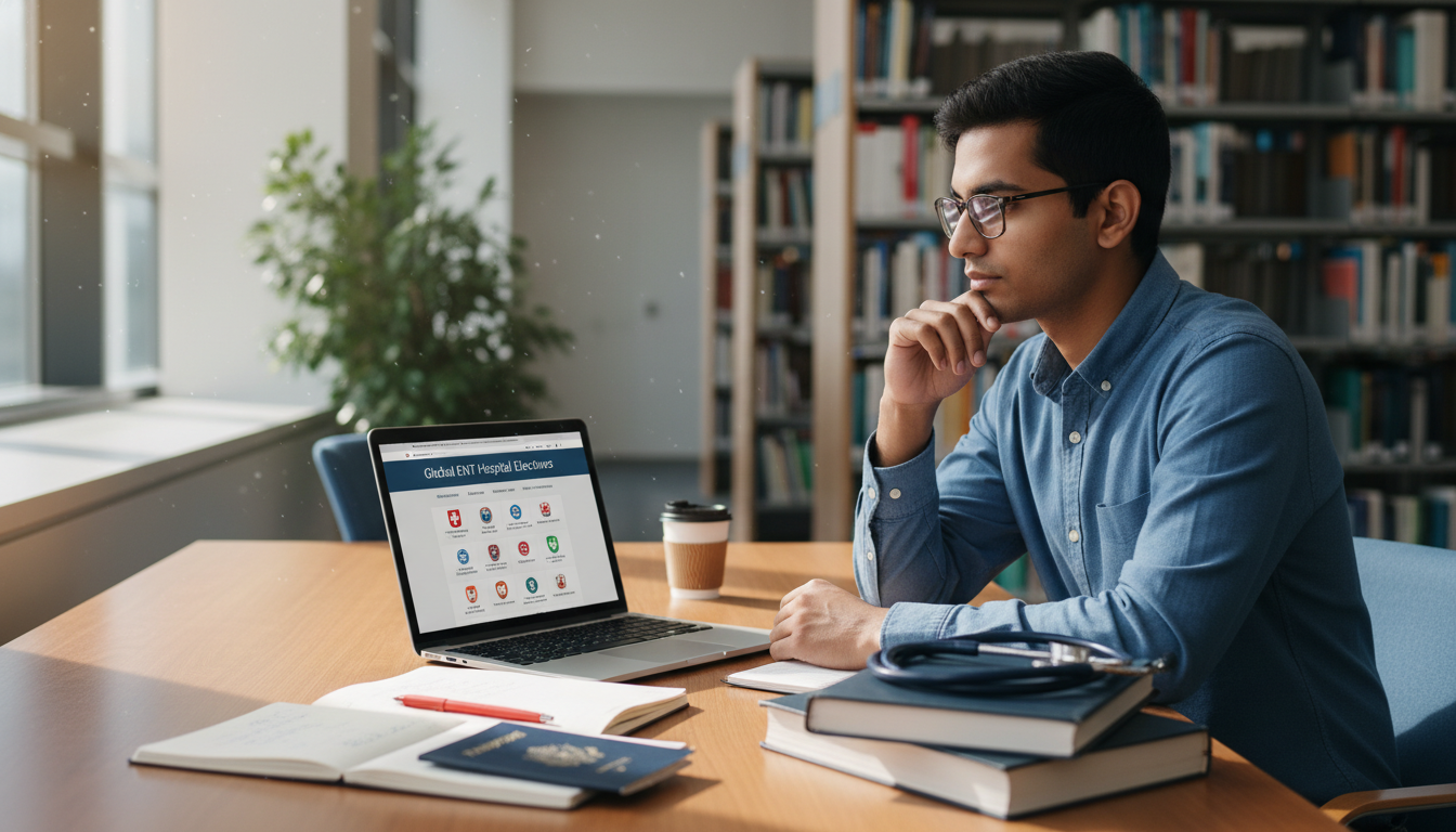 Medical student reviewing otolaryngology away rotation options on laptop Medical student reviewing otolaryngology away rotation options on laptop - US citizen IMG for Away Rotation Strategy for US C