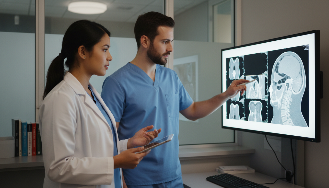 Medical student and ENT resident reviewing head and neck imaging Medical student and ENT resident reviewing head and neck imaging - US citizen IMG for Away Rotation Strategy for US Citizen I