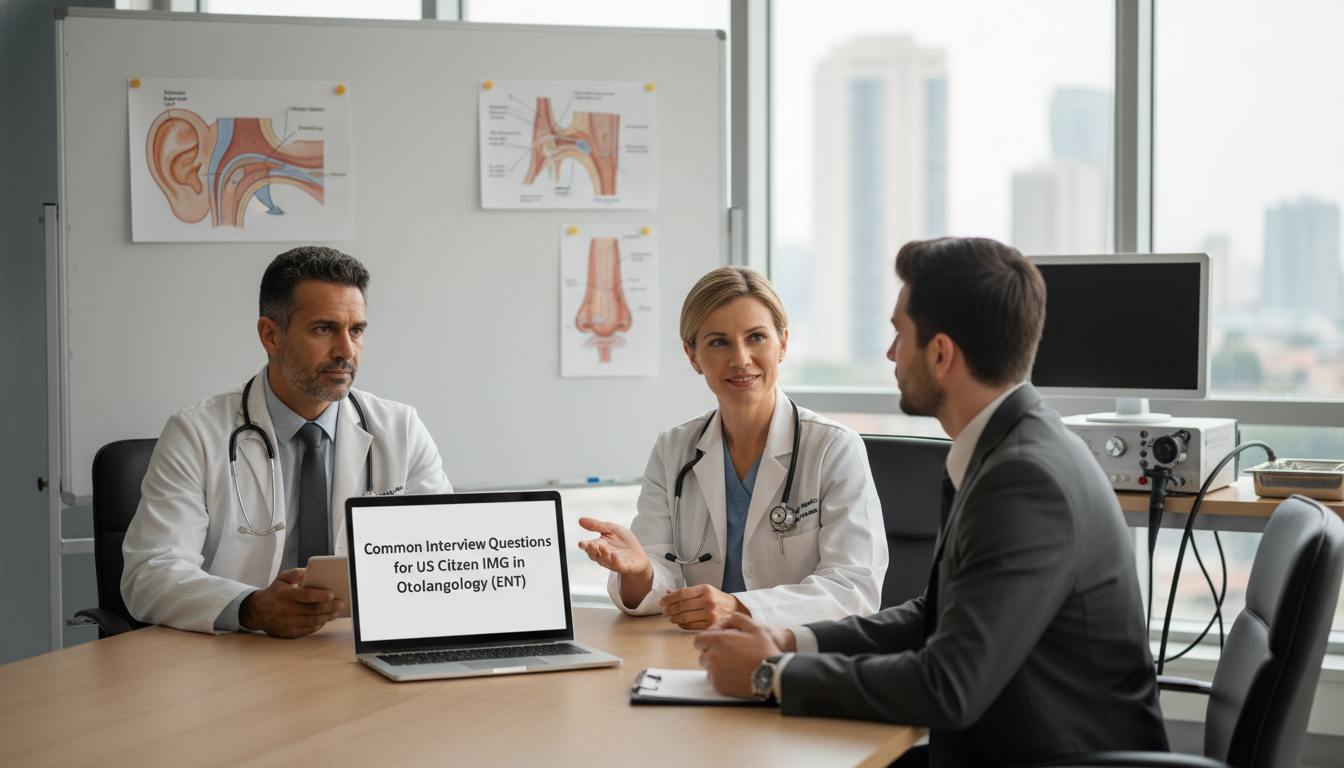 Otolaryngology faculty interviewing an IMG applicant in a hospital conference room - US citizen IMG for Common Interview Ques