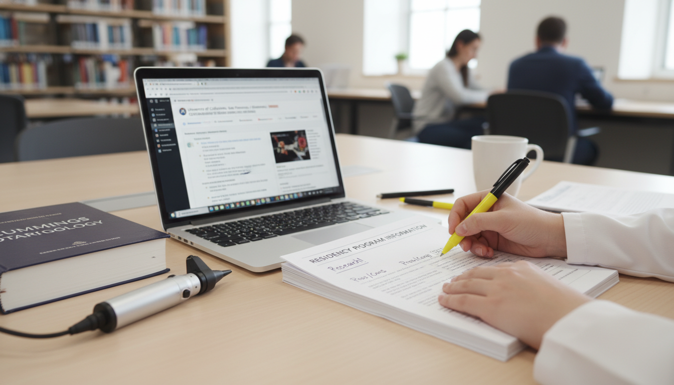 Medical student comparing otolaryngology residency program criteria on printed sheets and laptop Medical student comparing otolaryngology residency program criteria on printed sheets and laptop - US citizen IMG for How to