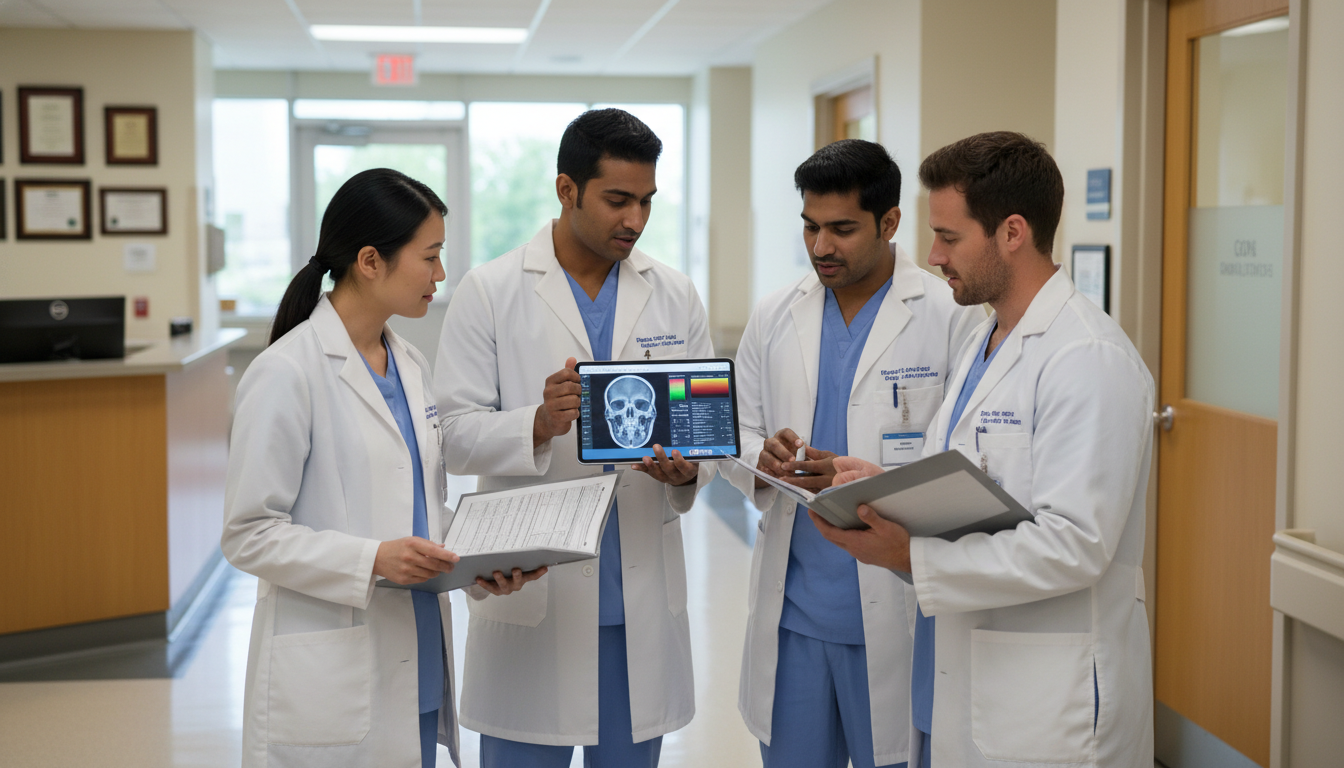 Otolaryngology residents in a teaching hospital hallway discussing patient cases Otolaryngology residents in a teaching hospital hallway discussing patient cases - US citizen IMG for How to Research Program