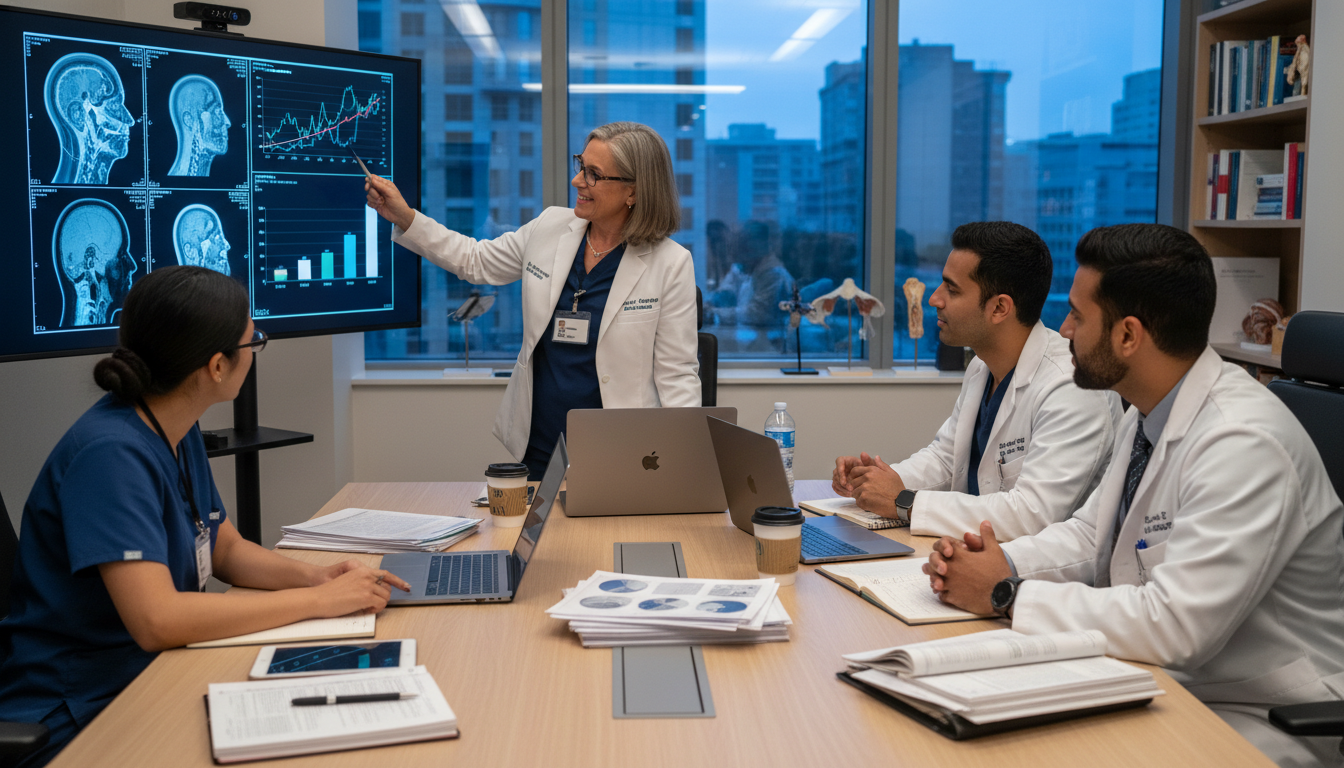 ENT residents and mentor discussing otolaryngology research data ENT residents and mentor discussing otolaryngology research data - US citizen IMG for Research During Residency for US Citize