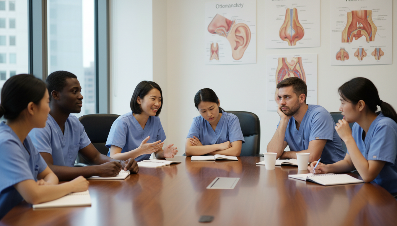 Diverse ENT residents in conference room with mixed emotions Diverse ENT residents in conference room with mixed emotions - US citizen IMG for Resident Turnover Warning Signs for US Citi