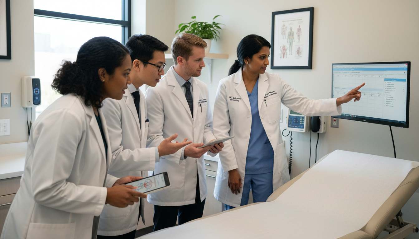 Academic family medicine physician teaching residents in outpatient clinic Academic family medicine physician teaching residents in outpatient clinic - US citizen IMG for Academic vs Private Practice