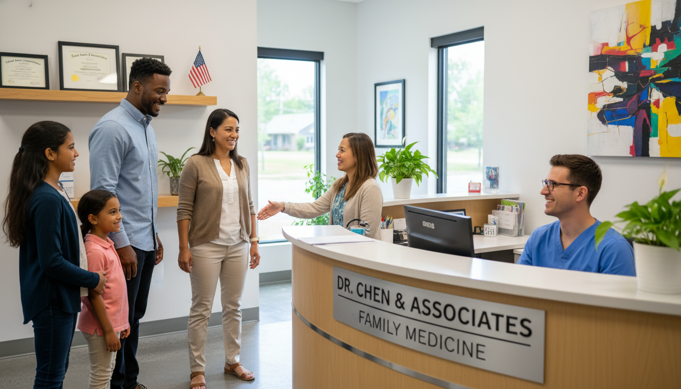 Private practice family medicine doctor meeting patients in a community clinic Private practice family medicine doctor meeting patients in a community clinic - US citizen IMG for Academic vs Private Pract