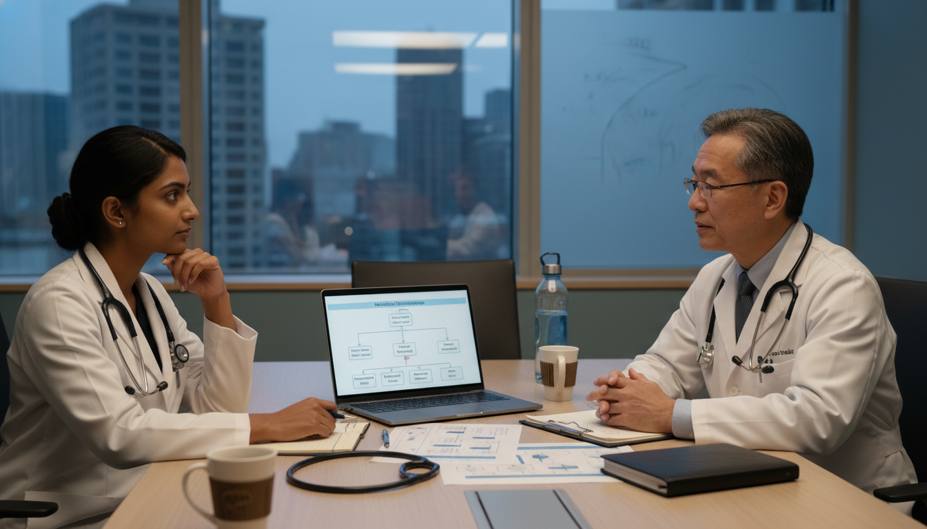 Family medicine resident discussing fellowship plans with mentor Family medicine resident discussing fellowship plans with mentor - US citizen IMG for Fellowship Preparation for US Citizen I