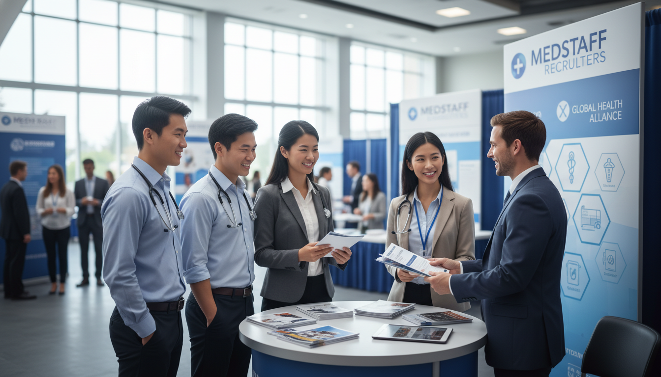 Family medicine residents meeting with recruiter at a medical career fair Family medicine residents meeting with recruiter at a medical career fair - US citizen IMG for Job Search Timing for US Citiz