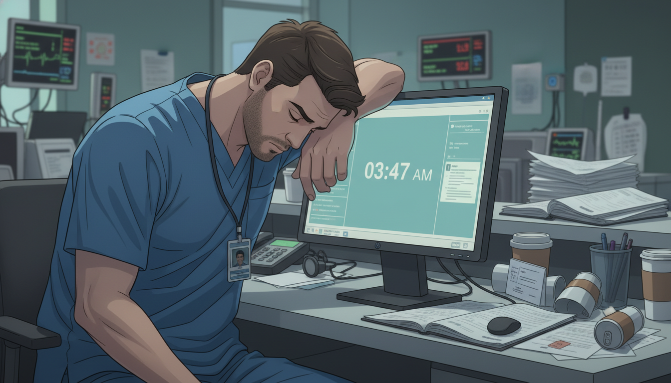Exhausted resident physician on night shift as sign of toxic workload Exhausted resident physician on night shift as sign of toxic workload - US citizen IMG for Identifying Malignant Programs for