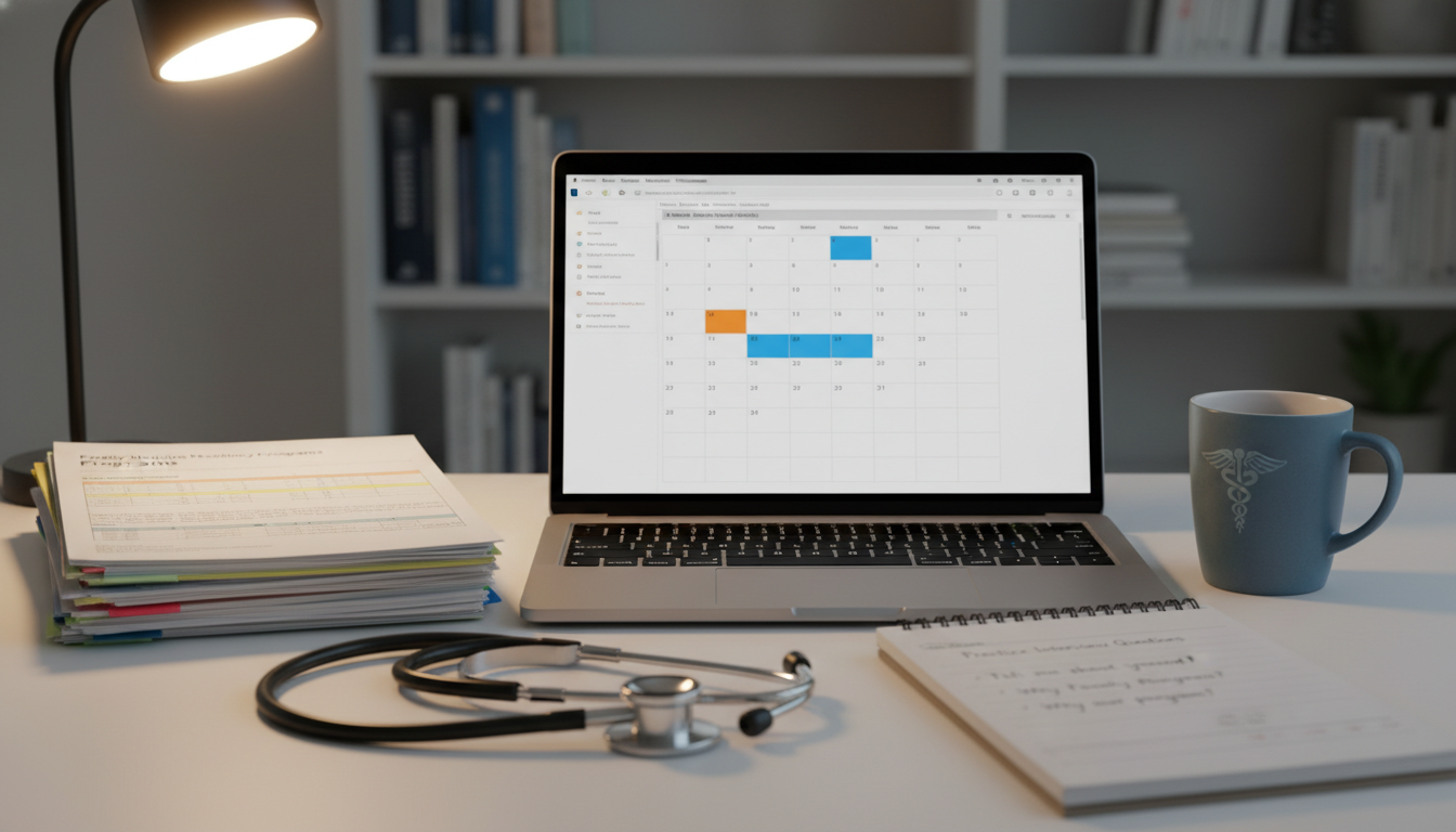 Residency applicant workspace organized for family medicine interview season - US citizen IMG for Pre-Interview Preparation f