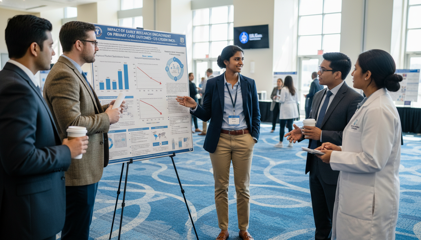 Family medicine resident presenting a research poster at a medical conference Family medicine resident presenting a research poster at a medical conference - US citizen IMG for Research During Residency