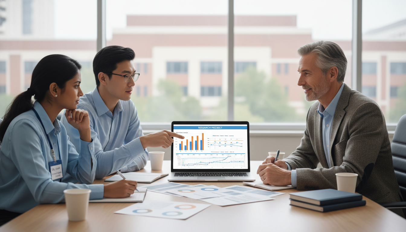 Family medicine residents meeting with a faculty mentor to plan a research project Family medicine residents meeting with a faculty mentor to plan a research project - US citizen IMG for Research During Resid