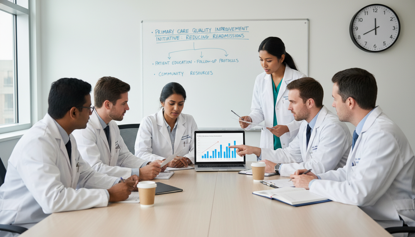 Medical students collaborating on a quality improvement research project in a clinic Medical students collaborating on a quality improvement research project in a clinic - US citizen IMG for Research Profile Bu
