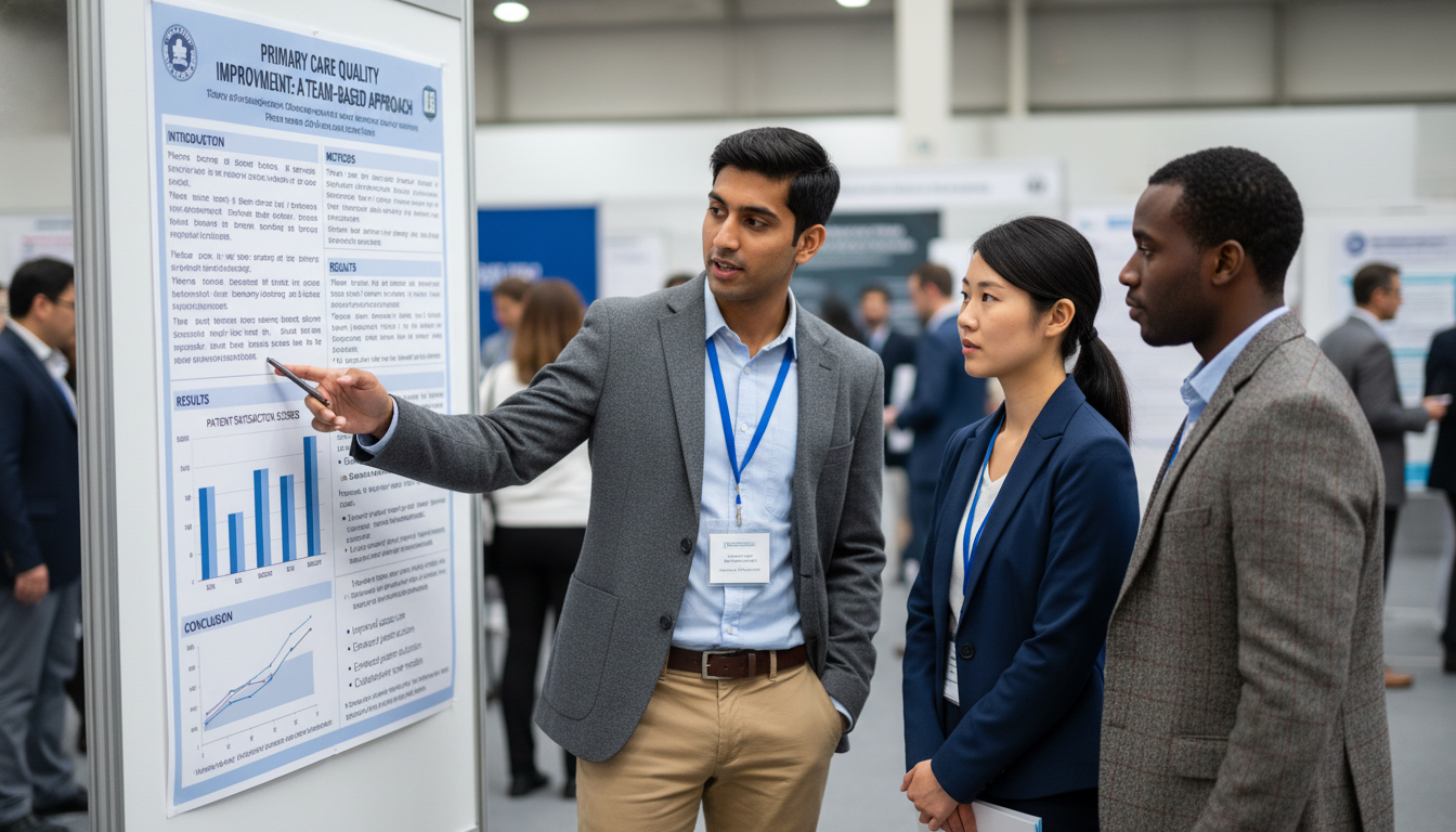 Family medicine resident presenting a research poster at a medical conference Family medicine resident presenting a research poster at a medical conference - US citizen IMG for Research Profile Building