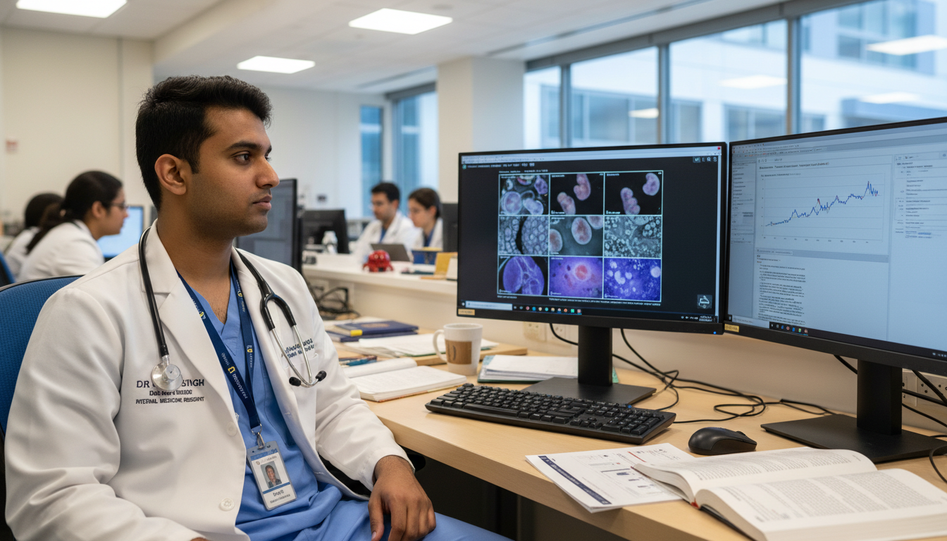 Gastroenterology researcher analyzing endoscopy data on computer - US citizen IMG for Research During Residency for US Citize