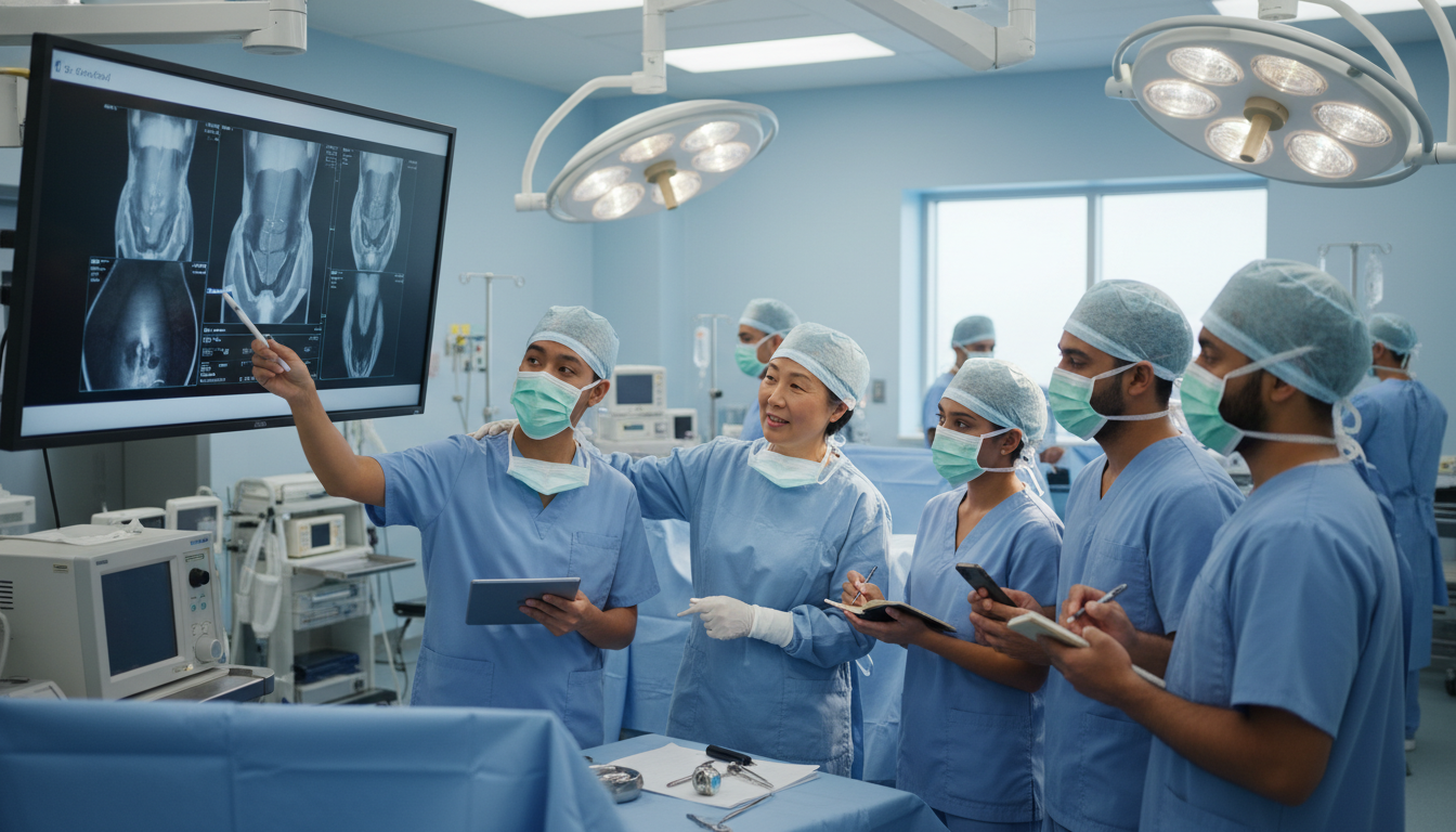 General surgery team in an academic hospital setting teaching residents General surgery team in an academic hospital setting teaching residents - US citizen IMG for Academic vs Private Practice for
