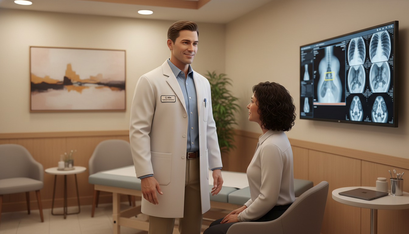 General surgeon in a private practice clinic setting consulting with a patient General surgeon in a private practice clinic setting consulting with a patient - US citizen IMG for Academic vs Private Pract