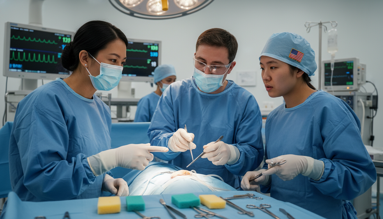 General surgery resident teaching US citizen IMG student in the operating room - US citizen IMG for Away Rotation Strategy fo