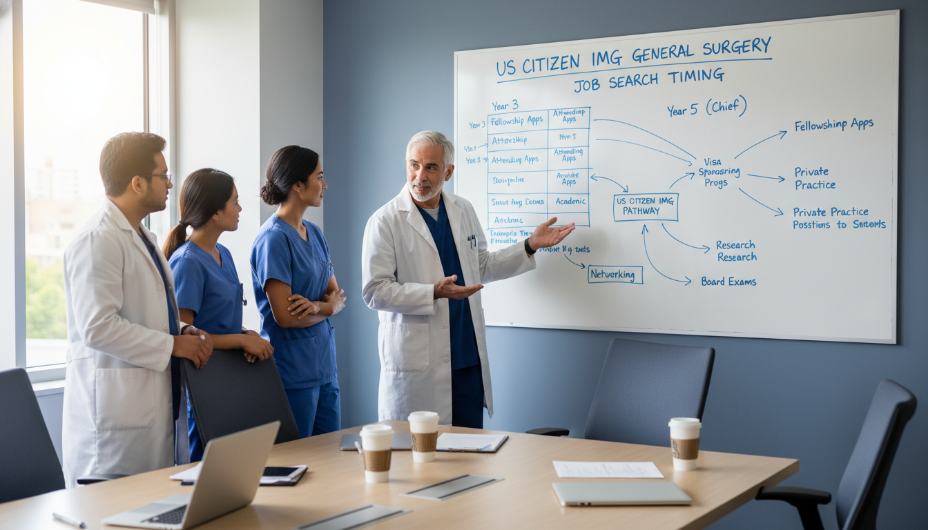 General surgery residents in a conference room planning their career paths General surgery residents in a conference room planning their career paths - US citizen IMG for Job Search Timing for US Citi