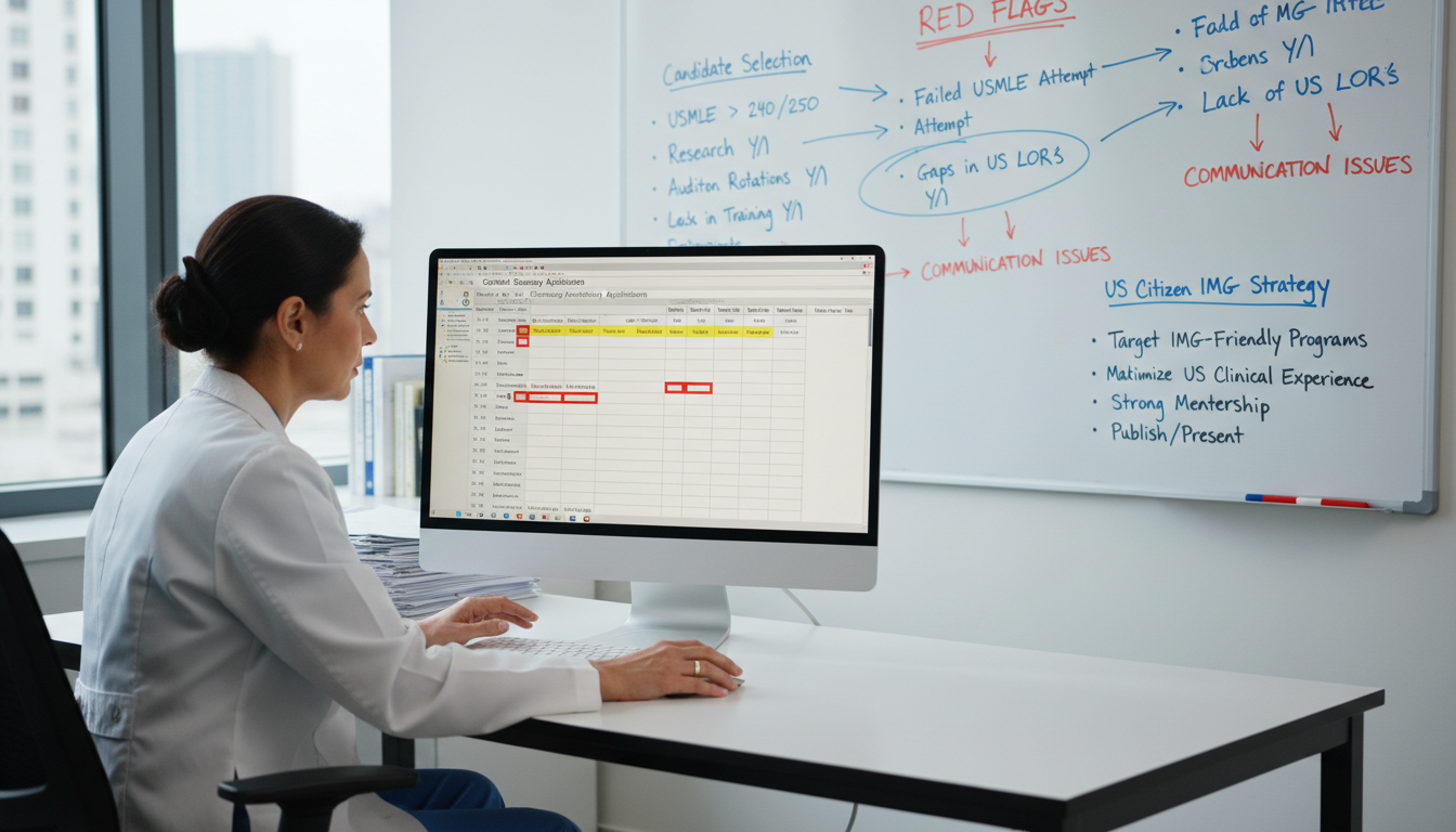 Program director reviewing residency applications with red flags highlighted Program director reviewing residency applications with red flags highlighted - US citizen IMG for Addressing Red Flags for US