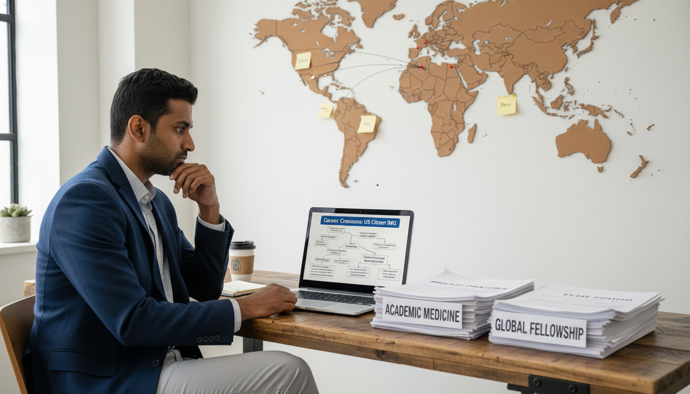 Physician reviewing global health career options Physician reviewing global health career options - US citizen IMG for Academic vs Private Practice for US Citizen IMG in Glob