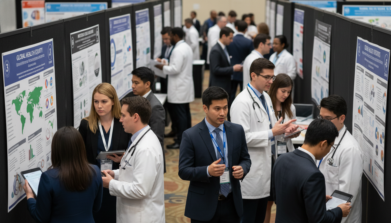 Residents and students networking at a global health conference poster session Residents and students networking at a global health conference poster session - US citizen IMG for Networking in Medicine fo