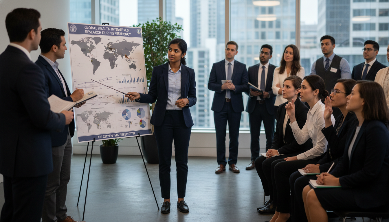 Resident presenting global health research poster at conference - US citizen IMG for Research During Residency for US Citizen