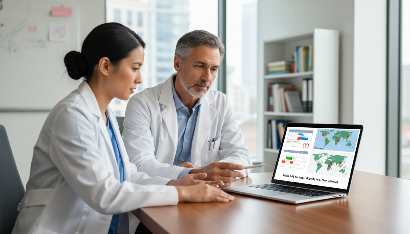 Resident physician discussing schedules and global health plans with mentor Resident physician discussing schedules and global health plans with mentor - US citizen IMG for Work-Life Balance Assessment