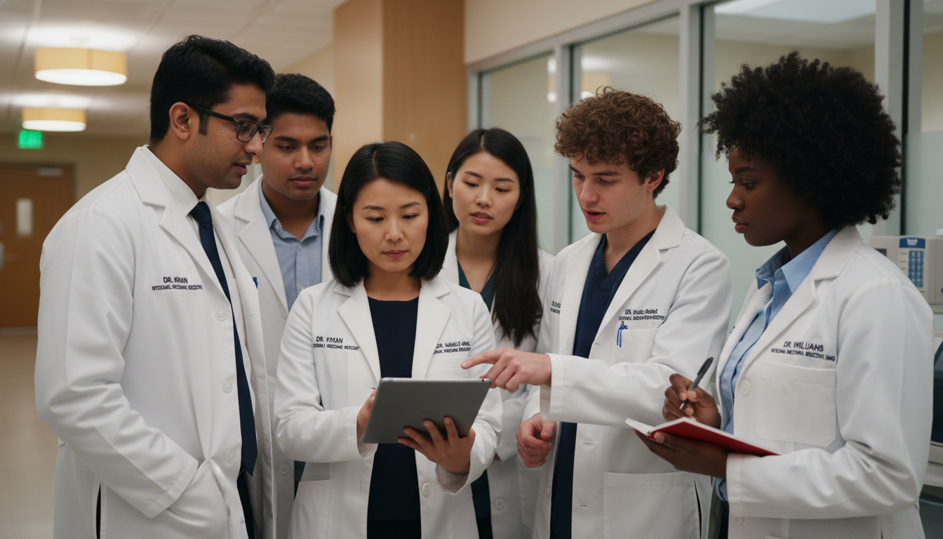 Internal medicine residents and attending physician in academic teaching rounds Internal medicine residents and attending physician in academic teaching rounds - US citizen IMG for Academic vs Private Prac