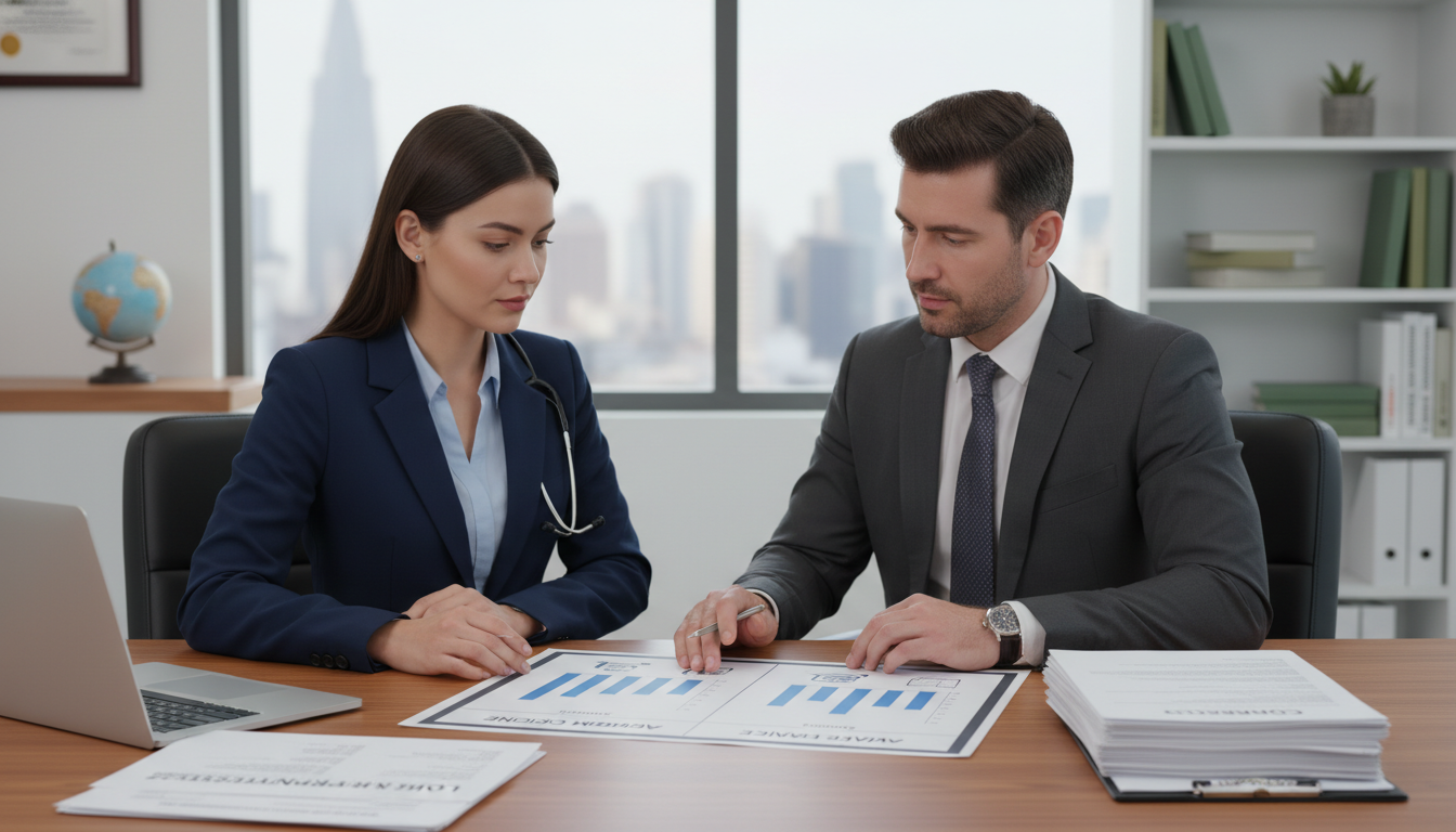 Internal medicine physician meeting with financial advisor comparing academic and private practice earnings Internal medicine physician meeting with financial advisor comparing academic and private practice earnings - US citizen IMG