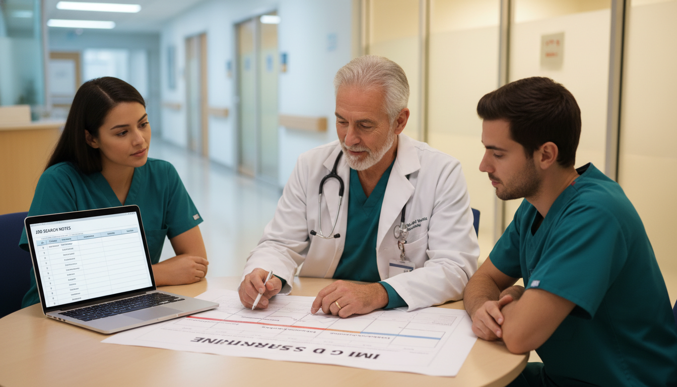 Internal medicine residents discussing career planning with a mentor Internal medicine residents discussing career planning with a mentor - US citizen IMG for Job Search Timing for US Citizen IM