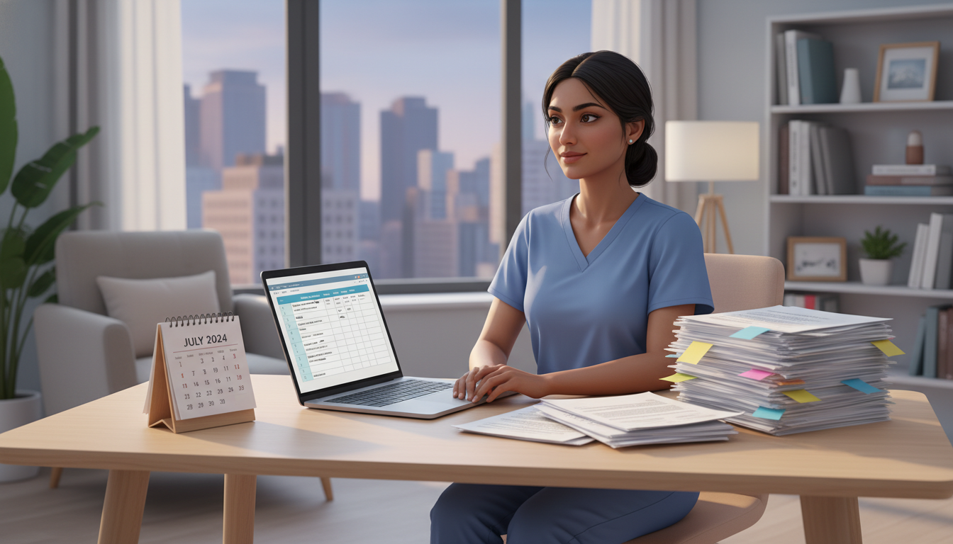 Internal medicine resident comparing physician job offers on a laptop Internal medicine resident comparing physician job offers on a laptop - US citizen IMG for Job Search Timing for US Citizen I