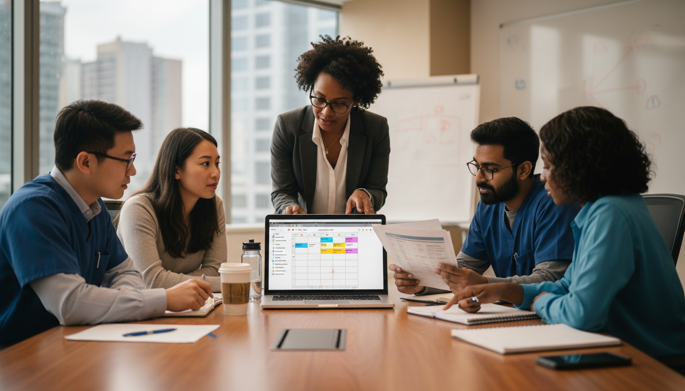 Internal medicine residents and faculty discussing program details Internal medicine residents and faculty discussing program details - US citizen IMG for Questions to Ask Programs for US Citi
