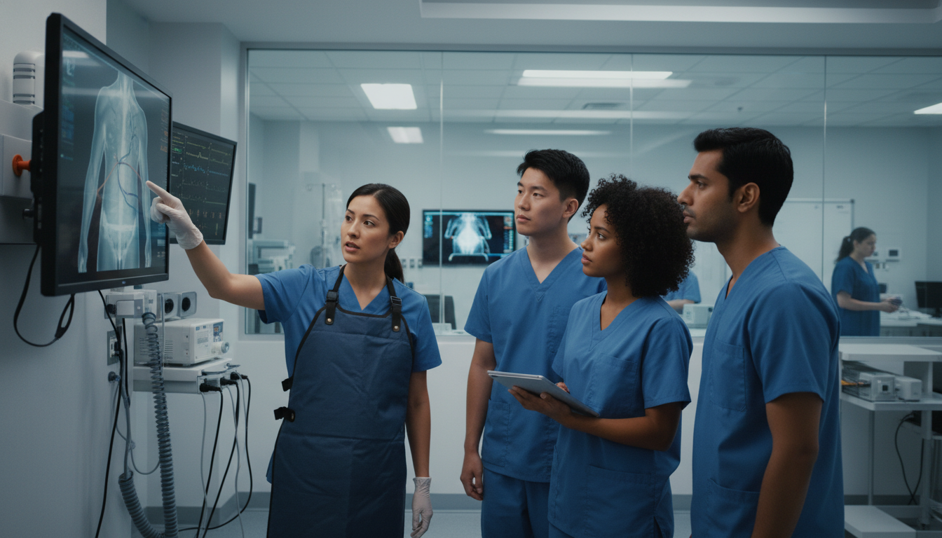 Interventional radiologist teaching residents in academic IR suite Interventional radiologist teaching residents in academic IR suite - US citizen IMG for Academic vs Private Practice for US C