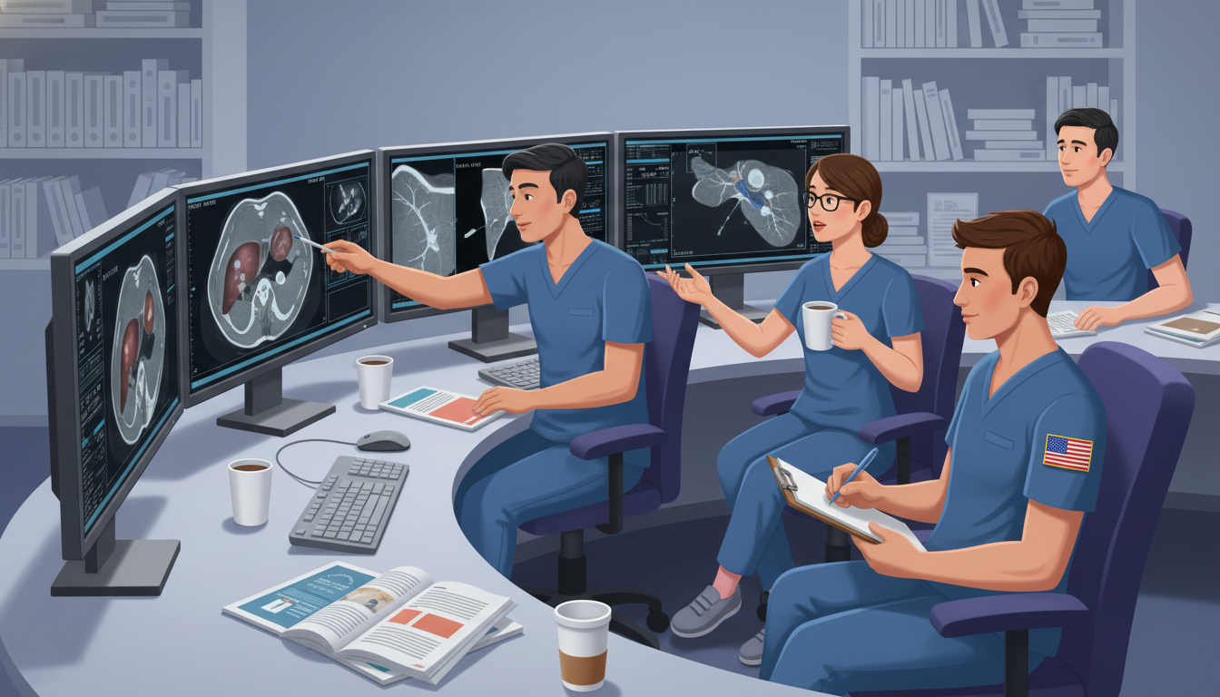 Medical student reviewing interventional radiology cases with residents Medical student reviewing interventional radiology cases with residents - US citizen IMG for Away Rotation Strategy for US Ci