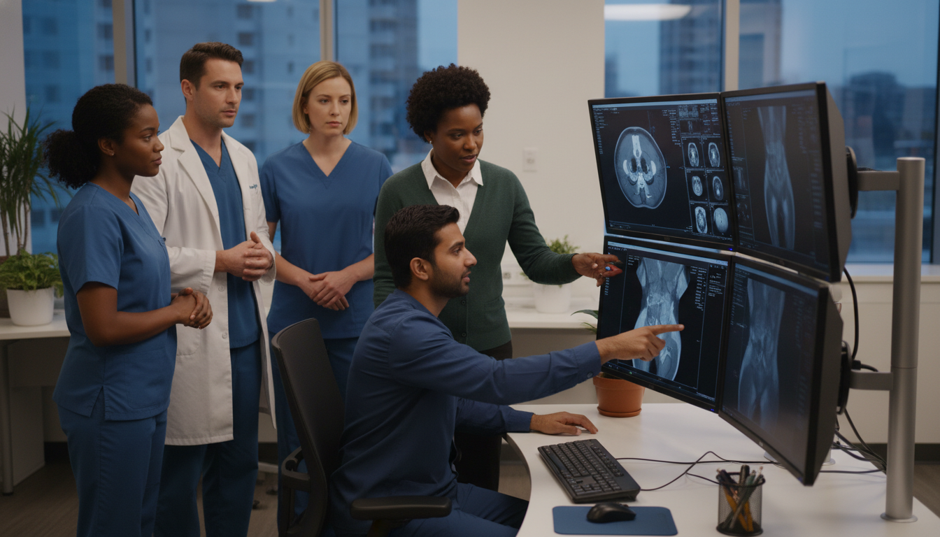 Interventional radiology and diagnostic radiology resident discussing imaging Interventional radiology and diagnostic radiology resident discussing imaging - US citizen IMG for Backup Specialty Planning