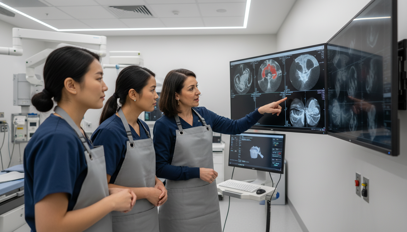 Interventional radiology residents in angiography suite with attending Interventional radiology residents in angiography suite with attending - US citizen IMG for Identifying Malignant Programs fo