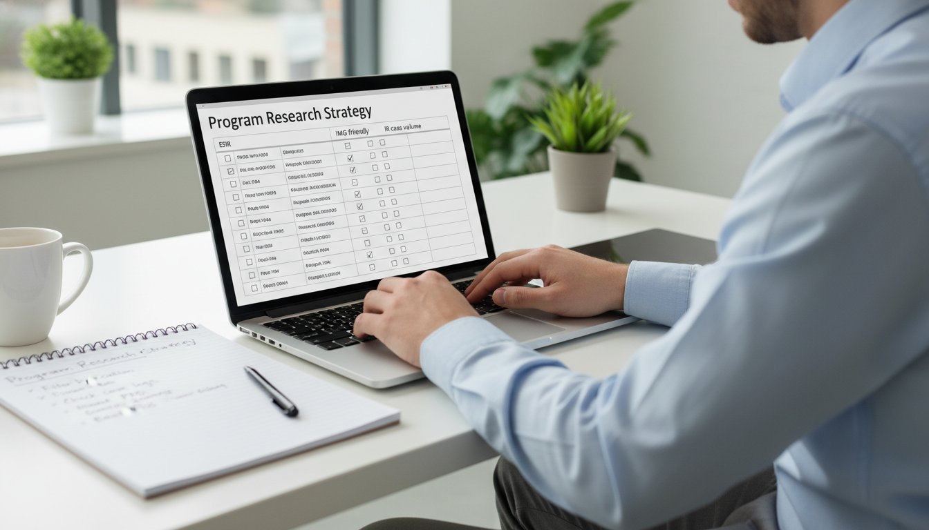 Resident reviewing interventional radiology program details online Resident reviewing interventional radiology program details online - US citizen IMG for How to Research Programs for US Citiz