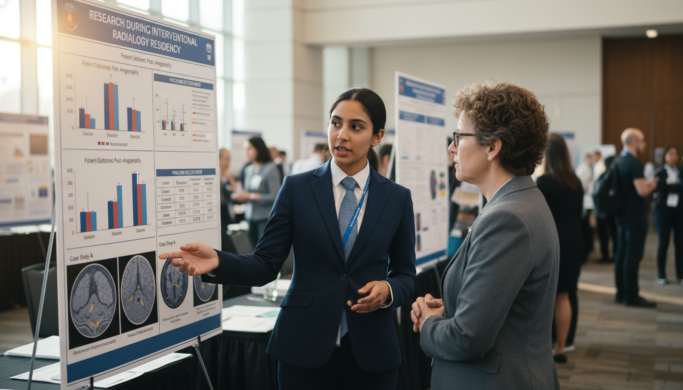 Interventional radiology resident presenting research poster at conference Interventional radiology resident presenting research poster at conference - US citizen IMG for Research During Residency for