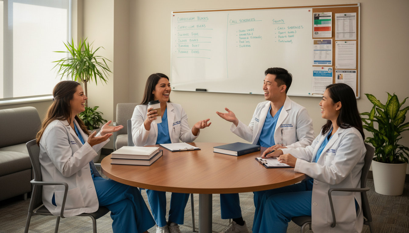 Group of med peds residents discussing program culture Group of med peds residents discussing program culture - US citizen IMG for Questions to Ask Programs for US Citizen IMG in M