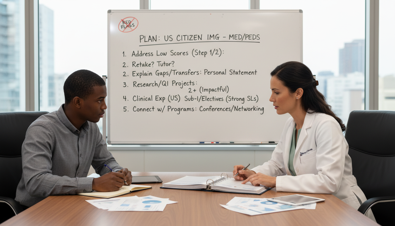 US citizen IMG with mentor discussing residency application red flags US citizen IMG with mentor discussing residency application red flags - US citizen IMG for Addressing Red Flags for US Citize