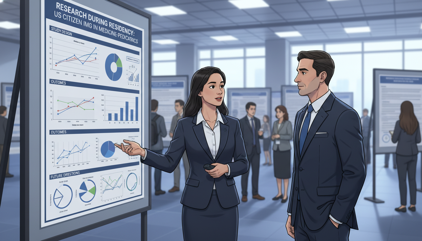 Resident presenting research poster at a medical conference - US citizen IMG for Research During Residency for US Citizen IMG