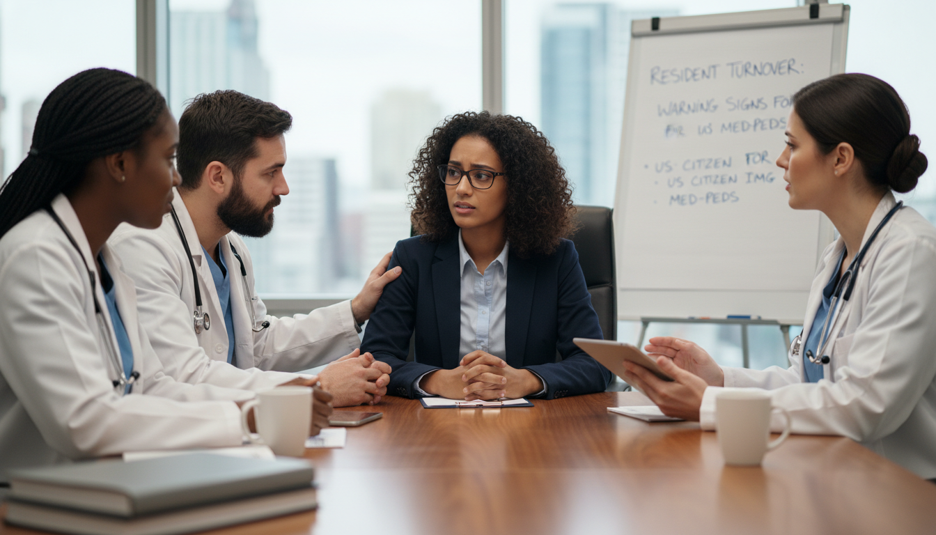 US citizen IMG discussing residency concerns with Med-Peds residents US citizen IMG discussing residency concerns with Med-Peds residents - US citizen IMG for Resident Turnover Warning Signs for