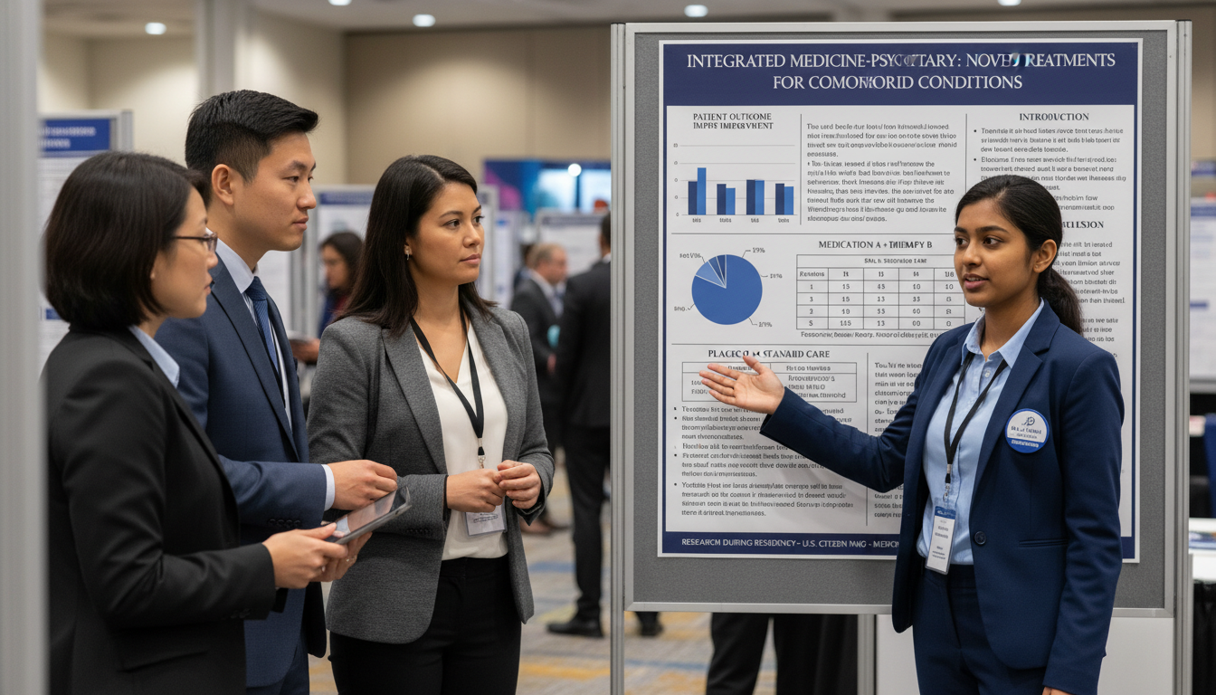 Resident presenting an integrated medicine-psychiatry research poster at a conference Resident presenting an integrated medicine-psychiatry research poster at a conference - US citizen IMG for Research During Re