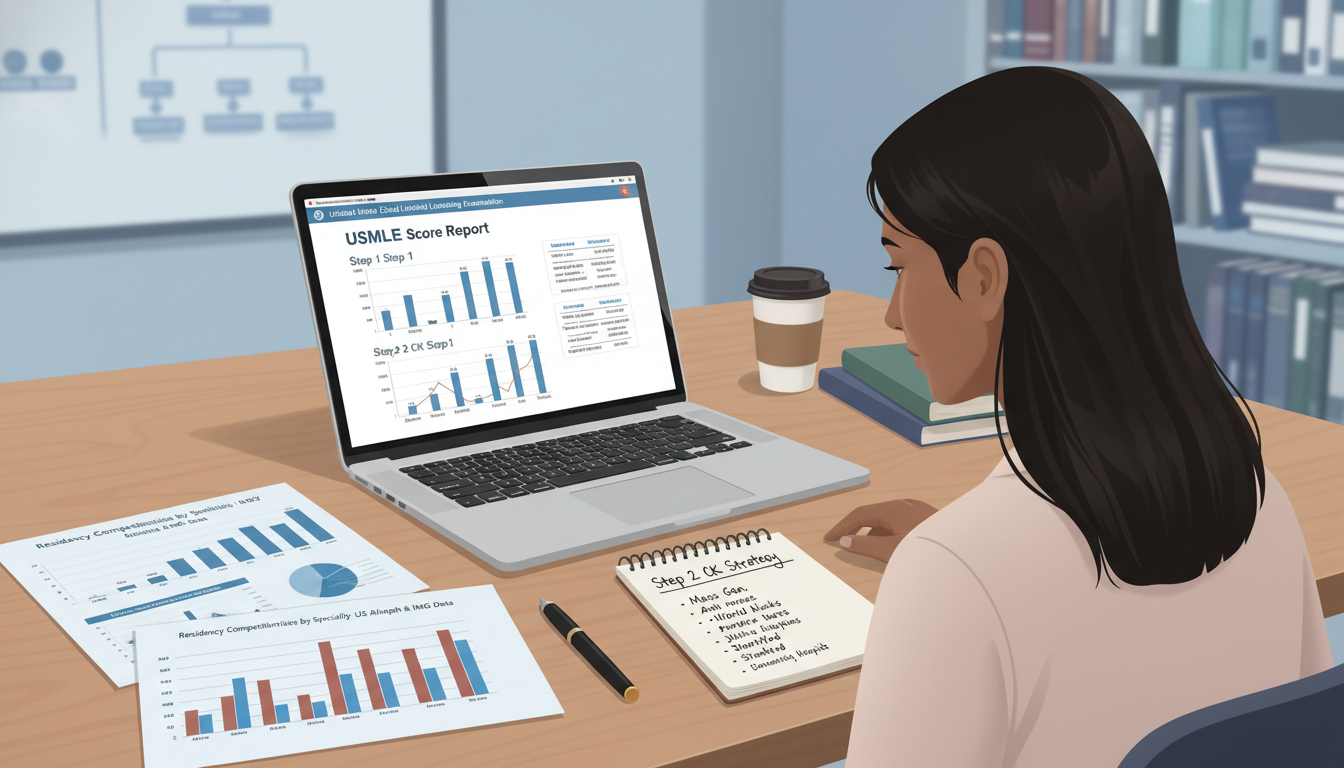 Student analyzing USMLE score reports and residency program competitiveness - US citizen IMG for Step Score Strategy for US C