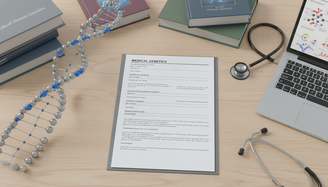 Organized medical genetics CV on a desk with genetics textbooks Organized medical genetics CV on a desk with genetics textbooks - US citizen IMG for CV Building for US Citizen IMG in Medica