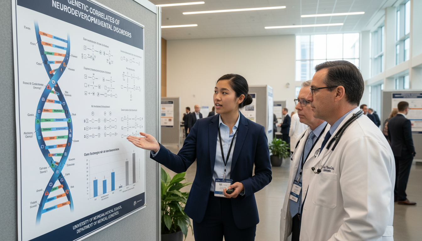 Medical student discussing genetics research poster Medical student discussing genetics research poster - US citizen IMG for CV Building for US Citizen IMG in Medical Genetics
