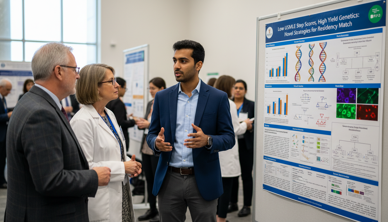 Medical genetics residency applicant presenting a genetics poster at a conference - US citizen IMG for Low Step Score Strateg