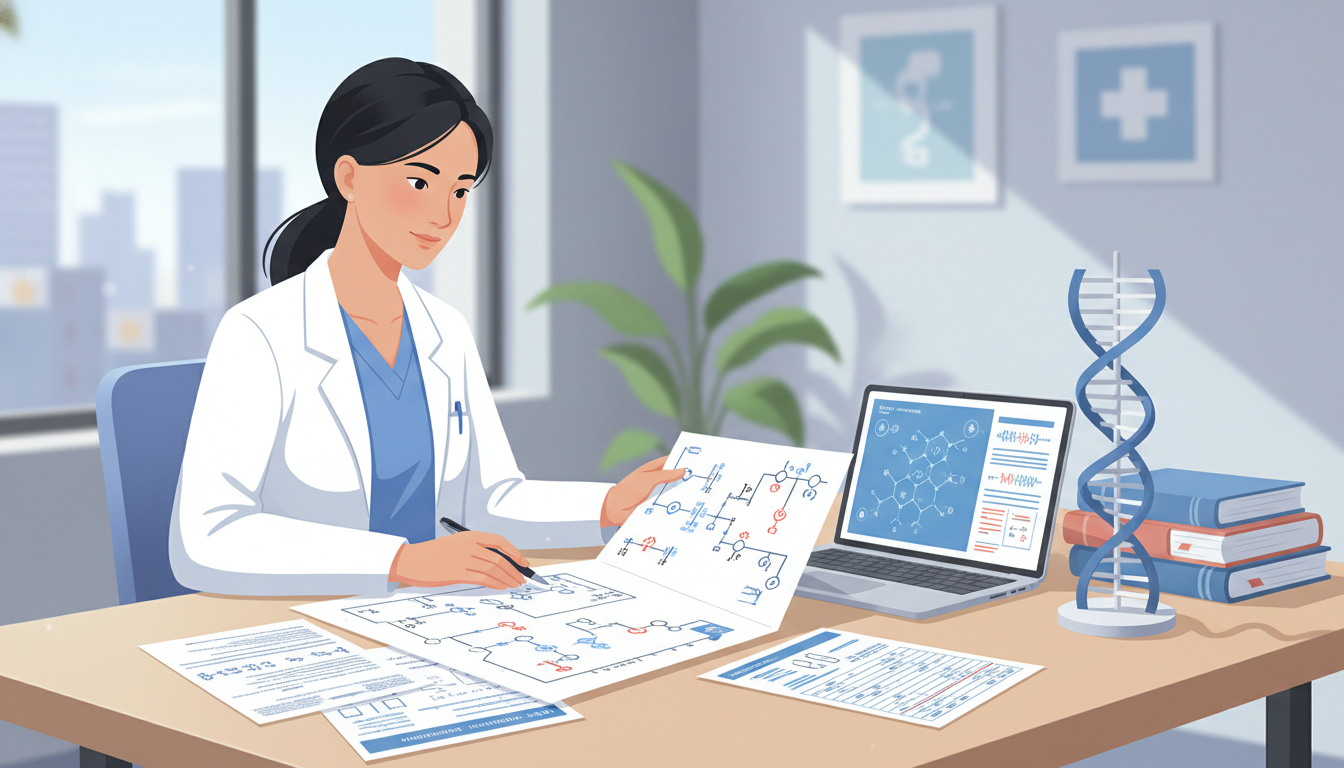 Resident reviewing genetic pedigrees and counseling notes Resident reviewing genetic pedigrees and counseling notes - US citizen IMG for Pre-Interview Preparation for US Citizen IMG i