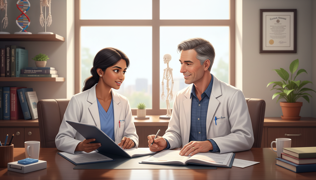 Medical genetics resident discussing cases with program mentor Medical genetics resident discussing cases with program mentor - US citizen IMG for Questions to Ask Programs for US Citizen